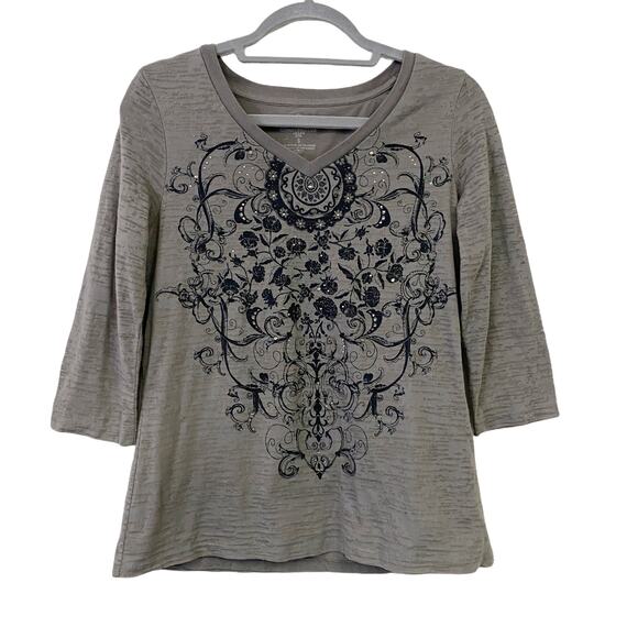 Charter Club Womens Size S Grey Embellished Graphic Print 3/4 Sleeve Top - Picture 1 of 7